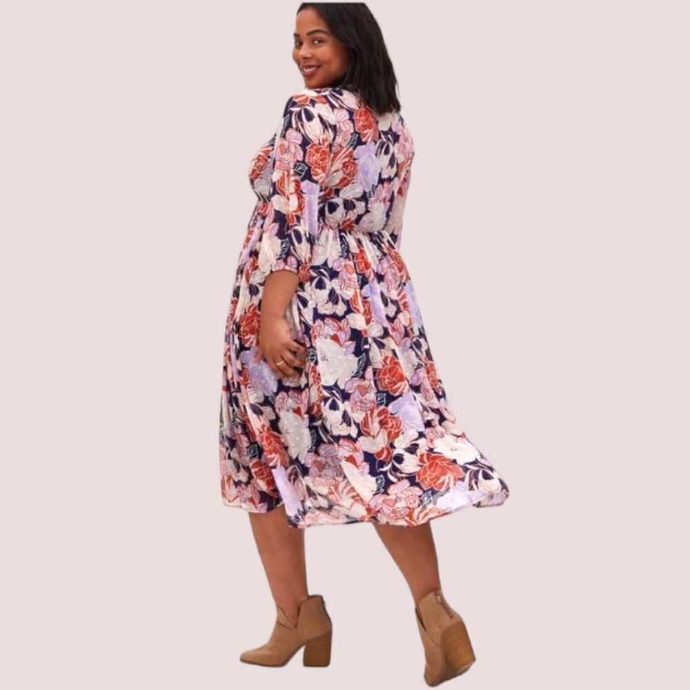 TORRID NEW Navy Floral Swiss Dot Button down Tea- Length Dress. - Picture 10 of 16